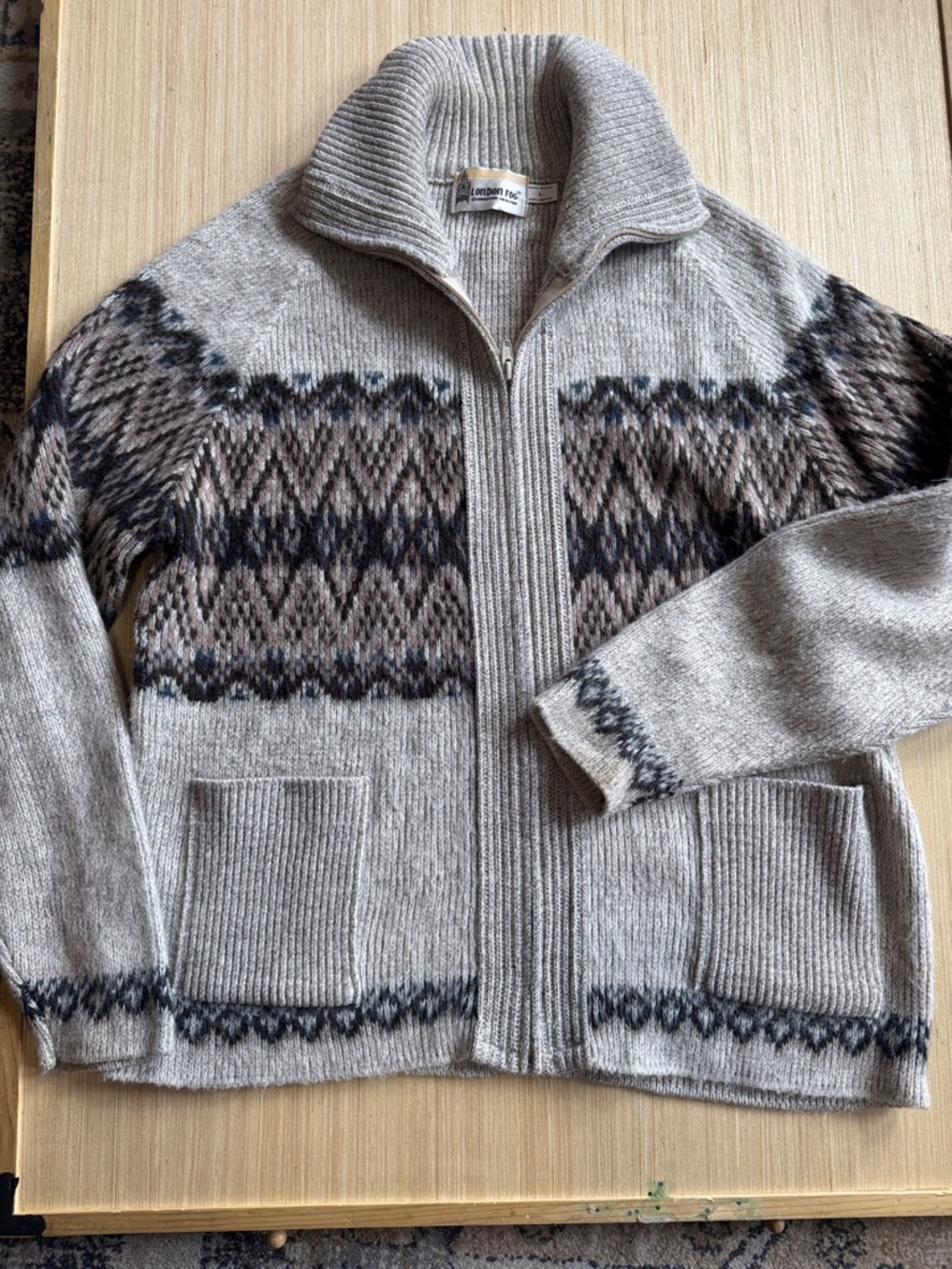 London Fog Light Gray Zip-Up Fair Isle Wool Sweater